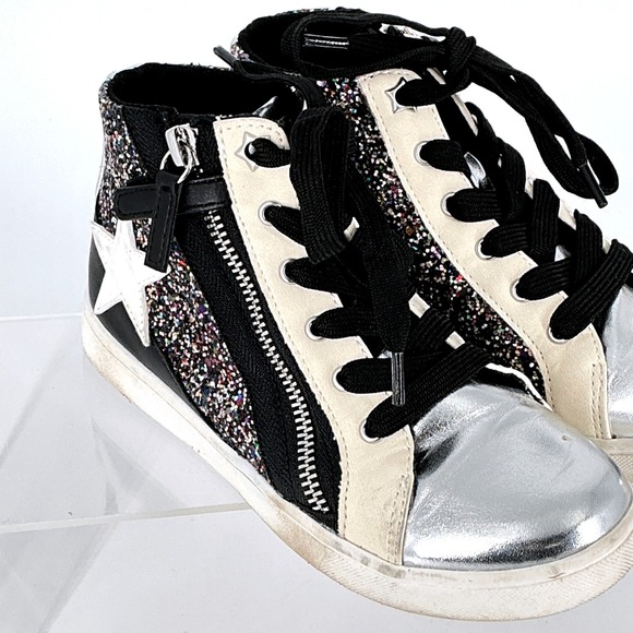 Nina Size 13 Kids Yuti Star High Top Sneakers Silver Black Glitter Lace Up Zip - Picture 3 of 16